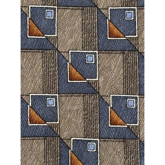 Zanzara Men's Necktie 100% Silk Allover Square Geometric Print Brown Blue Retro - Picture 4 of 6
